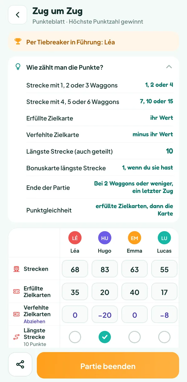 Teamzy-Bildschirm: die Hilfe "Wie zählt man die Punkte?" von Zug um Zug, mit dem Wert der Strecken, der Zielkarten und der längsten Strecke