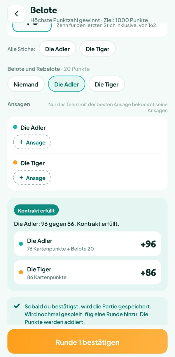 Teamzy-Bildschirm: Kontrakt der Adler dank der Belote erfüllt, 96 zu 86 Punkte