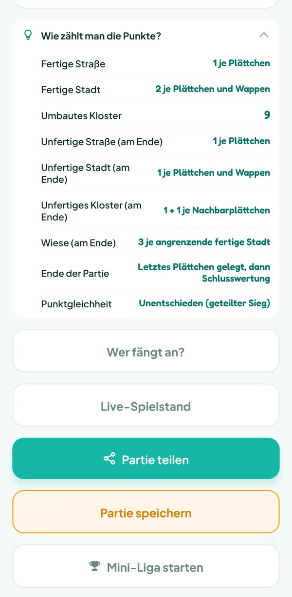 Teamzy-Bildschirm: die Hilfe "Wie zählt man die Punkte?" von Carcassonne, mit dem Wert von Straßen, Städten und Klöstern, fertig oder unfertig, und von Wiesen