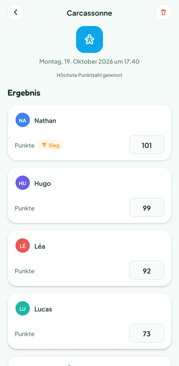 Teamzy-Bildschirm: die Partie Carcassonne im Verlauf, gewonnen von Nathan mit 101 Punkten