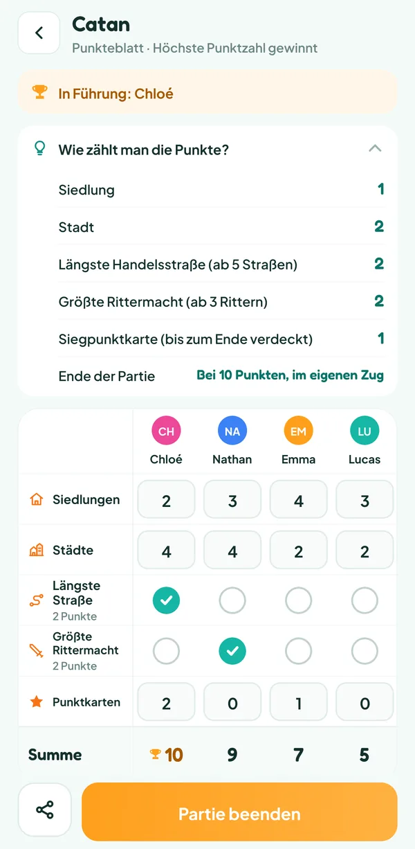 Teamzy-Bildschirm: die Hilfe "Wie zählt man die Punkte?" von Catan, mit dem Wert der Siedlungen, der Städte, der zwei Sonderkarten und der Siegpunktkarten