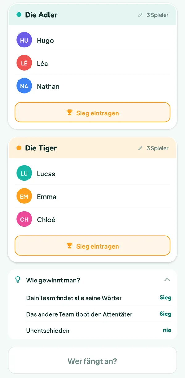 Teamzy-Bildschirm: die Hilfe "Wie gewinnt man?" von Codenames: Dein Team findet alle seine Wörter oder das andere Team tippt den Attentäter, in beiden Fällen ein Sieg, nie ein Unentschieden