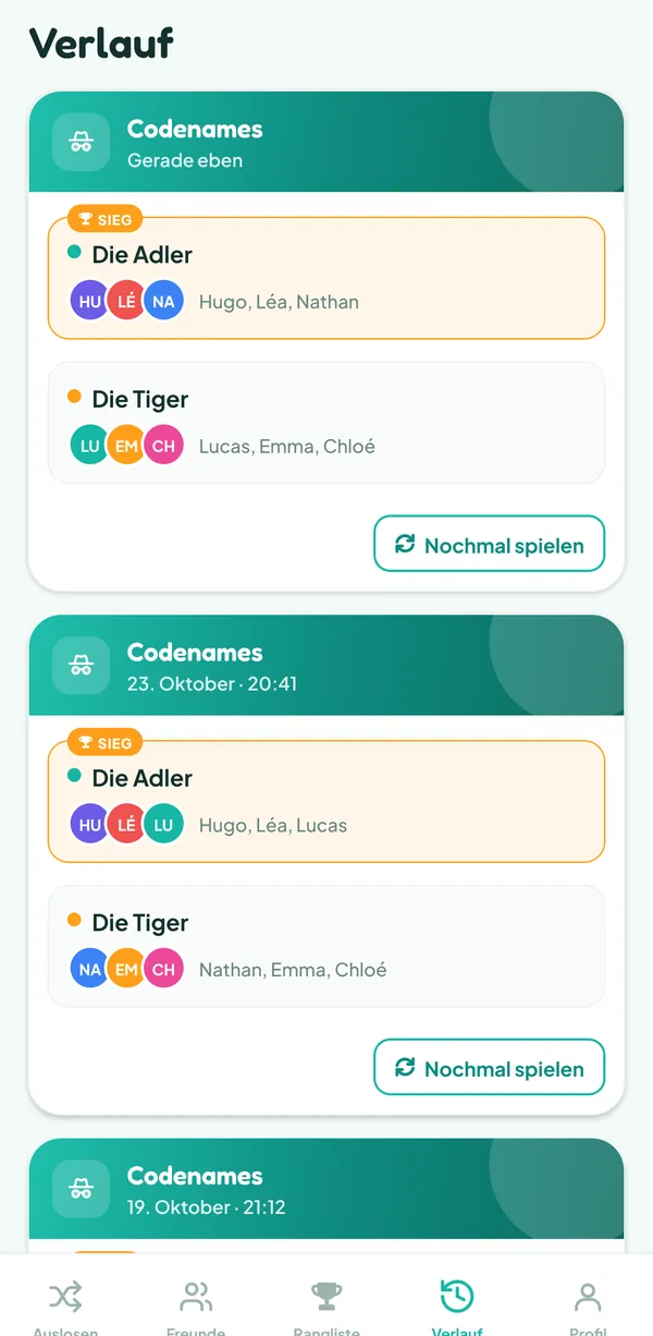 Teamzy-Bildschirm: die Codenames-Partie im Verlauf, gewonnen von den Adlern