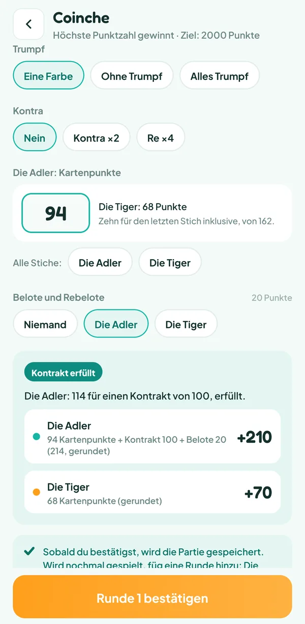 Teamzy-Bildschirm: Kontrakt über 100 der Adler dank der Belote erfüllt, 210 zu 70 Punkte nach dem Runden