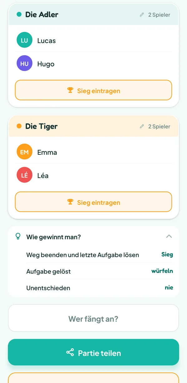 Teamzy-Bildschirm: die Hilfe "Wie gewinnt man?" von Cranium: "Weg beenden und letzte Aufgabe lösen", Sieg; "Aufgabe gelöst", würfeln; "Unentschieden", nie