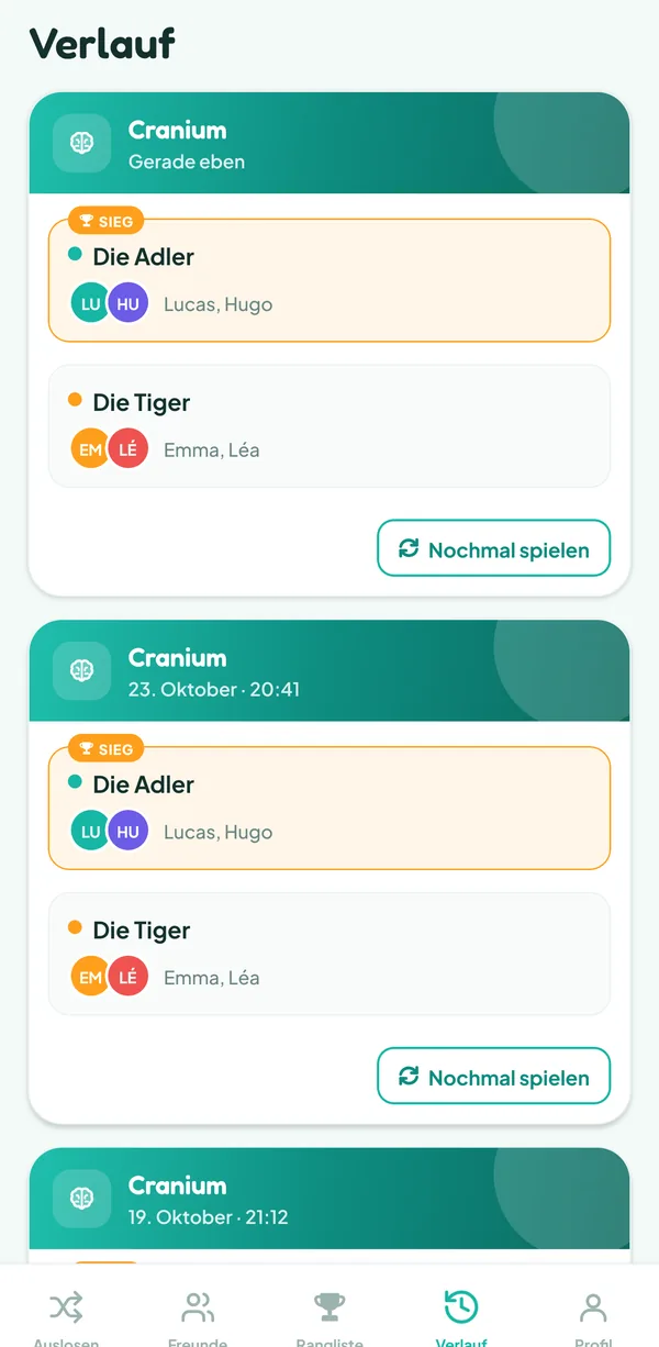 Teamzy-Bildschirm: die Cranium-Partie im Verlauf, gewonnen von den Adlern