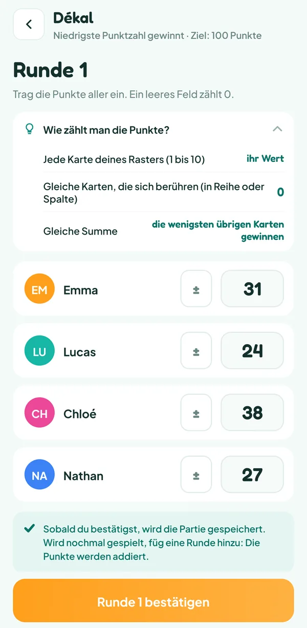 Bildschirm von Teamzy: Eingabe der Runde 1 von Dékal mit geöffneter Hilfe „Wie zählt man die Punkte?“ (jede Karte deines Rasters, ihr Wert; gleiche Karten, die sich berühren, 0; gleiche Summe, die wenigsten übrigen Karten gewinnen), Emma 31, Lucas 24, Chloé 38 und Nathan 27