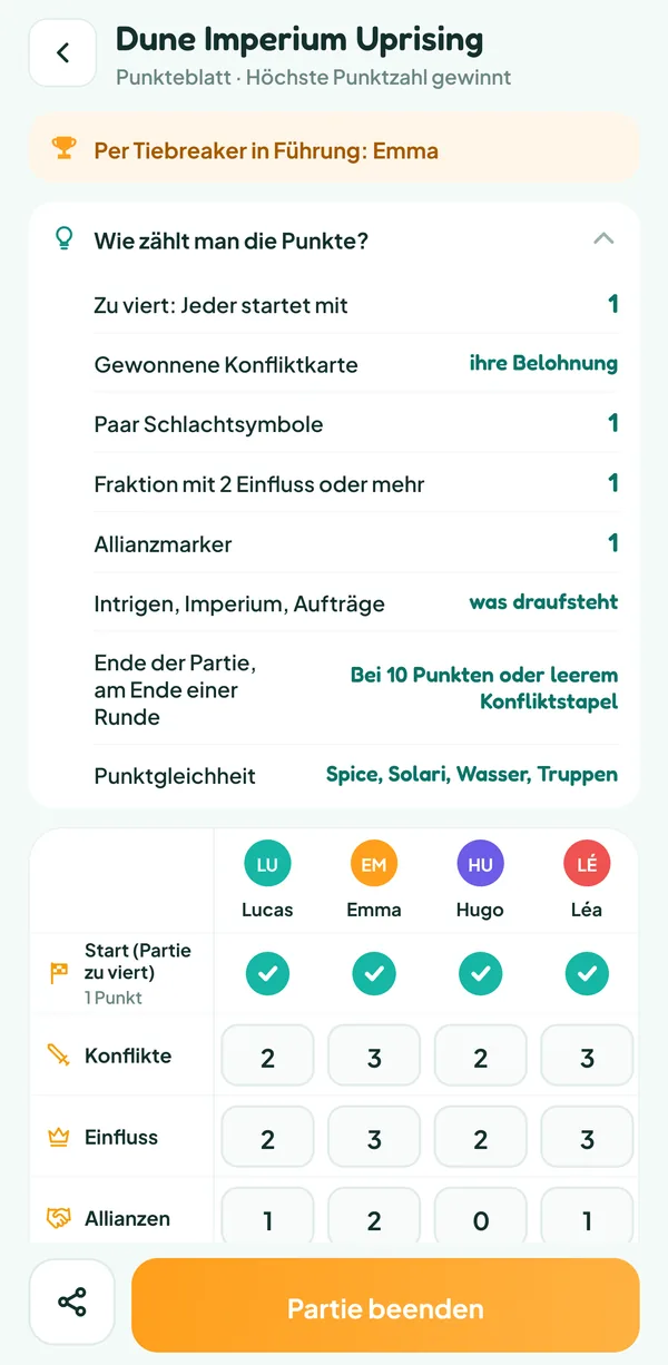 Teamzy-Bildschirm: die Hilfe „Wie zählt man die Punkte?“ von Dune Imperium Uprising, mit der Herkunft jedes Siegpunkts, dem Spielende und der Reihenfolge des Tiebreakers