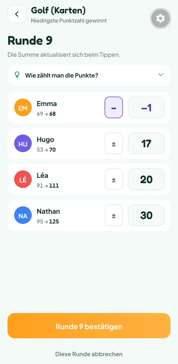 Bildschirm von Teamzy: Runde 9 einer Partie Golf (Karten) beim Eintippen, −1 für Emma, 17 für Hugo, 20 für Léa und 30 für Nathan