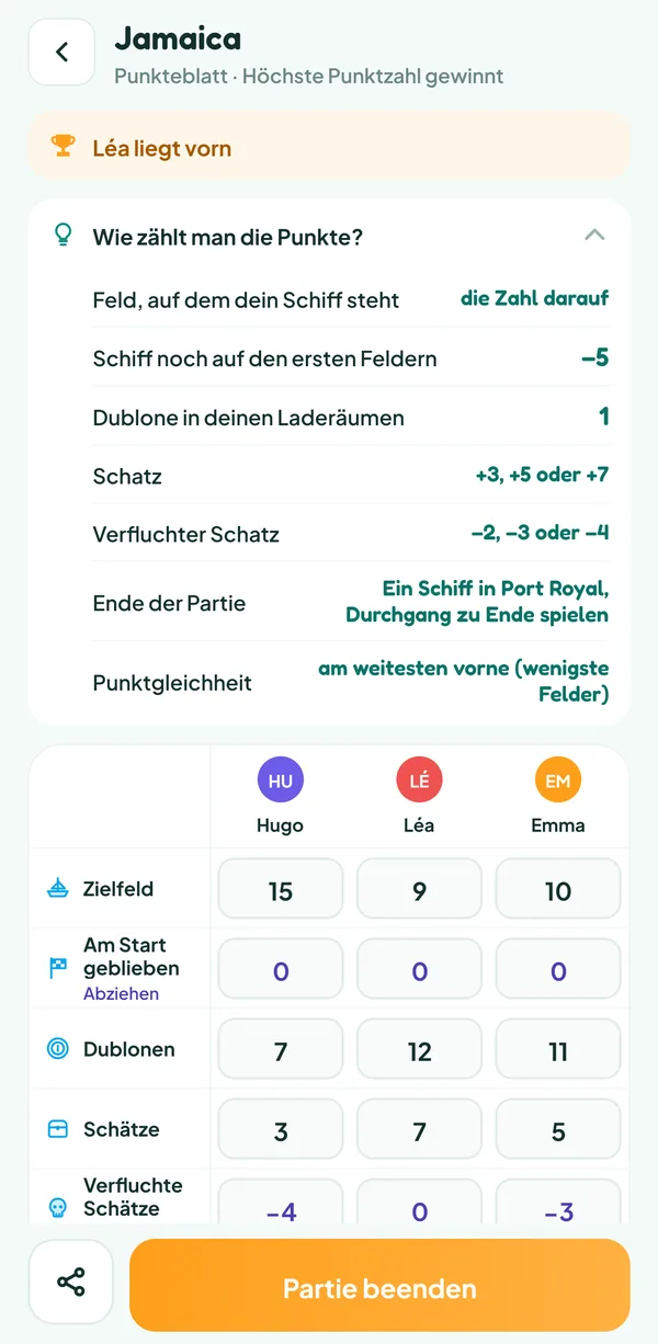 Bildschirm von Teamzy: die Hilfe "Wie zählt man die Punkte?" von Jamaica, mit dem Wert des Feldes, der Dublonen, der Schätze und der verfluchten Schätze