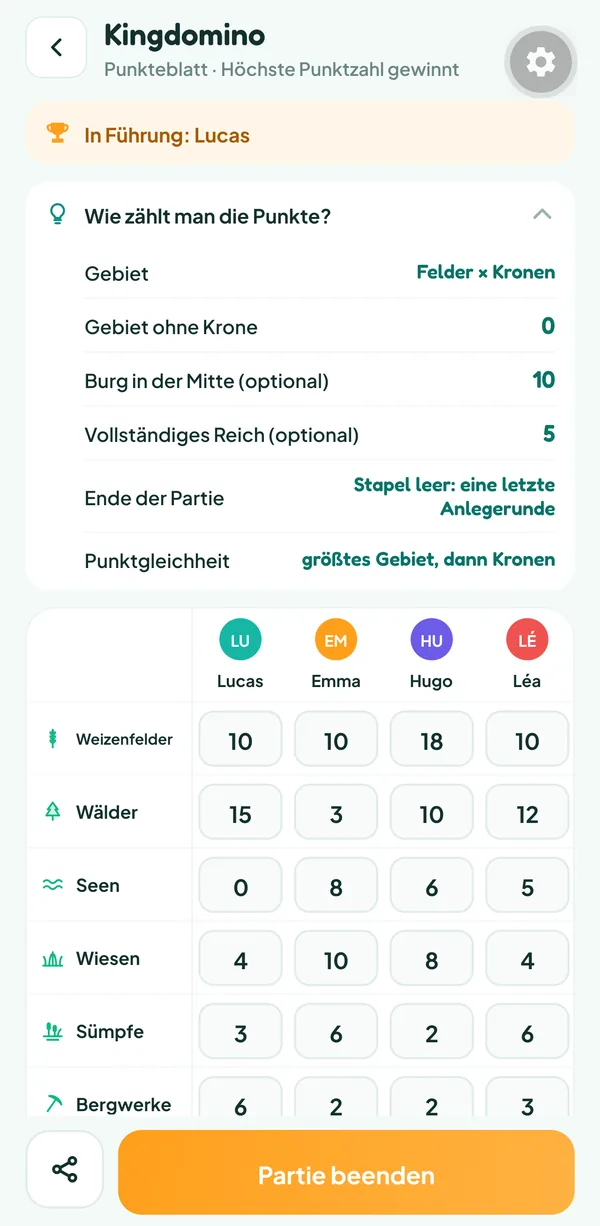 Bildschirm von Teamzy: die Hilfe "Wie zählt man die Punkte?" von Kingdomino, mit dem Wert eines Gebiets, der beiden Boni und des Stichentscheids