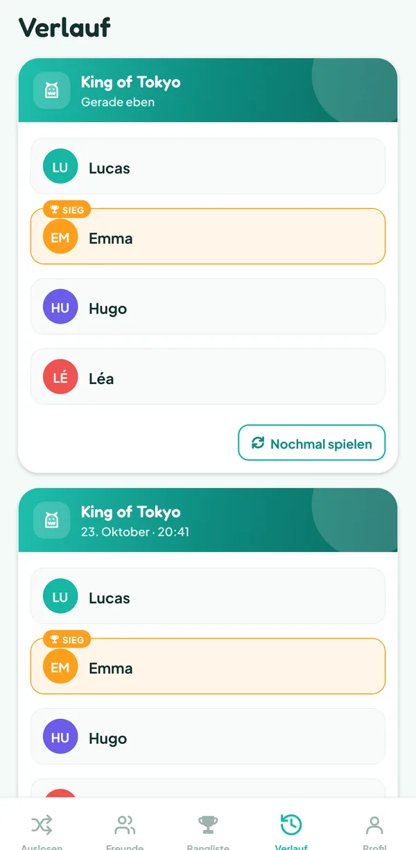 Teamzy-Bildschirm: die King-of-Tokyo-Partie im Verlauf, gewonnen von Emma