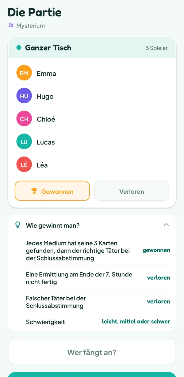 Teamzy-Bildschirm: die Hilfe "Wie gewinnt man?" von Mysterium geöffnet: "Jedes Medium hat seine 3 Karten gefunden, dann der richtige Täter bei der Schlussabstimmung: gewonnen", "Eine Ermittlung am Ende der 7. Stunde nicht fertig: verloren", "Falscher Täter bei der Schlussabstimmung: verloren", "Schwierigkeit: leicht, mittel oder schwer"