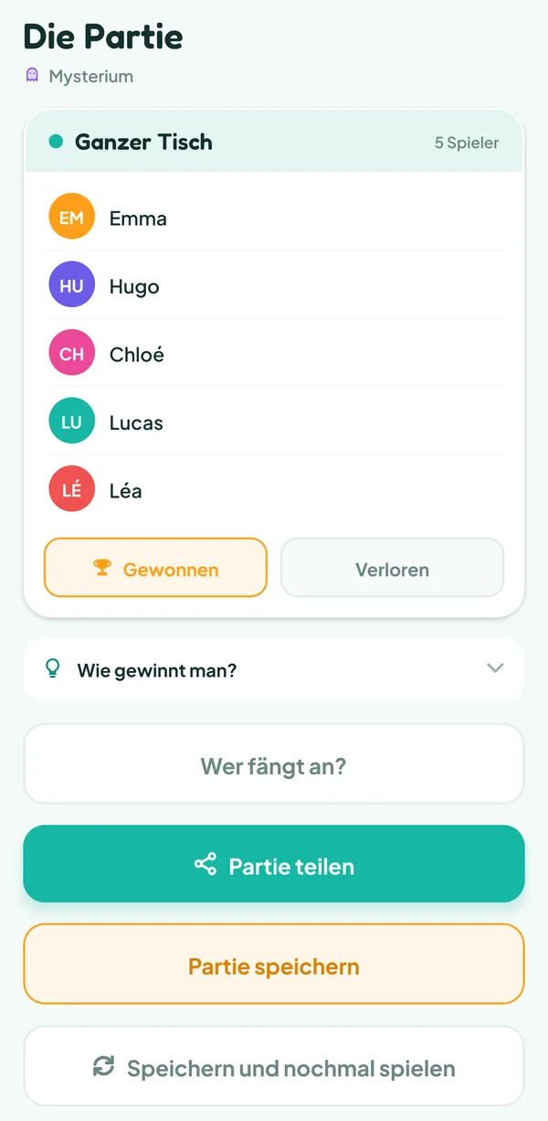 Teamzy-Bildschirm: "Die Partie" von Mysterium, "Ganzer Tisch · 5 Spieler", die Schaltflächen Gewonnen und Verloren und die Hilfe "Wie gewinnt man?" geschlossen