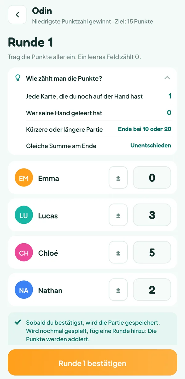 Teamzy-Bildschirm: Eingabe der Runde 1 von Odin mit geöffneter Hilfe „Wie zählt man die Punkte?“ (jede Karte, die du noch auf der Hand hast, 1; wer seine Hand geleert hat, 0; kürzere oder längere Partie, Ende bei 10 oder 20; gleiche Summe am Ende, Unentschieden), Emma 0, Lucas 3, Chloé 5 und Nathan 2