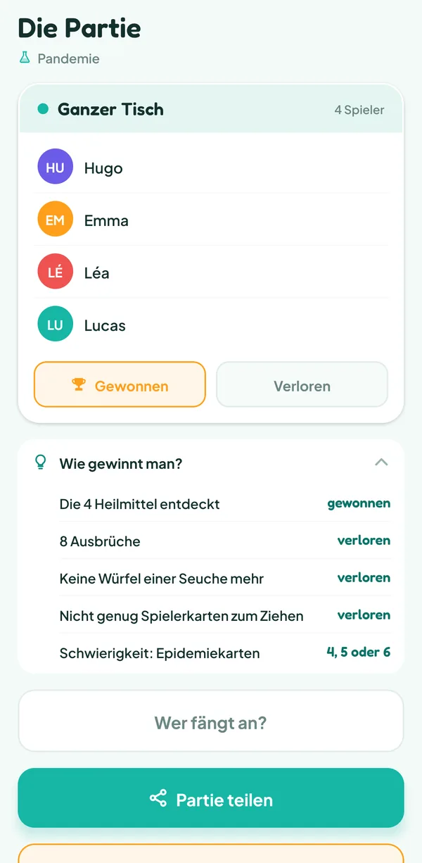 Teamzy-Bildschirm: die Hilfe "Wie gewinnt man?" von Pandemie: Sieg mit den 4 entdeckten Heilmitteln; Niederlage bei 8 Ausbrüchen, ohne Seuchenwürfel oder ohne Spielerkarten; Schwierigkeit mit 4, 5 oder 6 Epidemiekarten