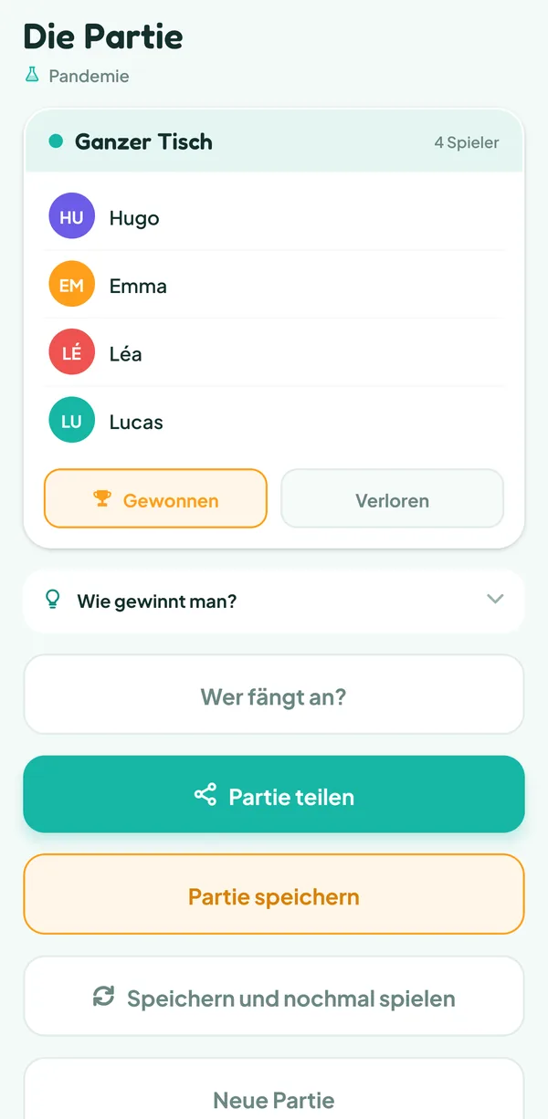 Teamzy-Bildschirm: das Ende einer Partie Pandemie, "Ganzer Tisch" mit den vier Spielern, die Schaltflächen Gewonnen und Verloren, darunter Partie speichern und "Speichern und nochmal spielen"