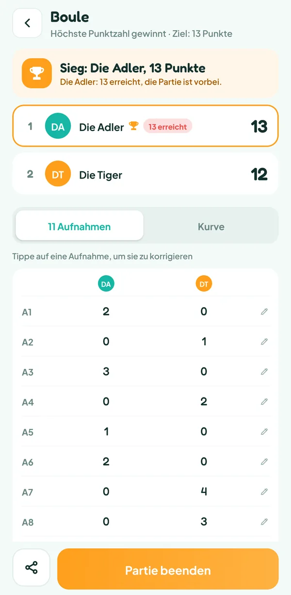 Bildschirm von Teamzy: Ende der Partie Boule, die Adler gewinnen 13 zu 12 gegen die Tiger