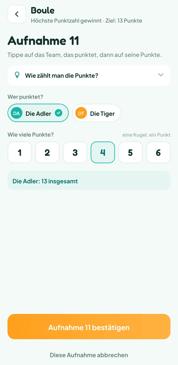 Bildschirm von Teamzy: Eingabe der Aufnahme 11 beim Boule, die Adler holen 4 Punkte und kommen von 9 auf 13