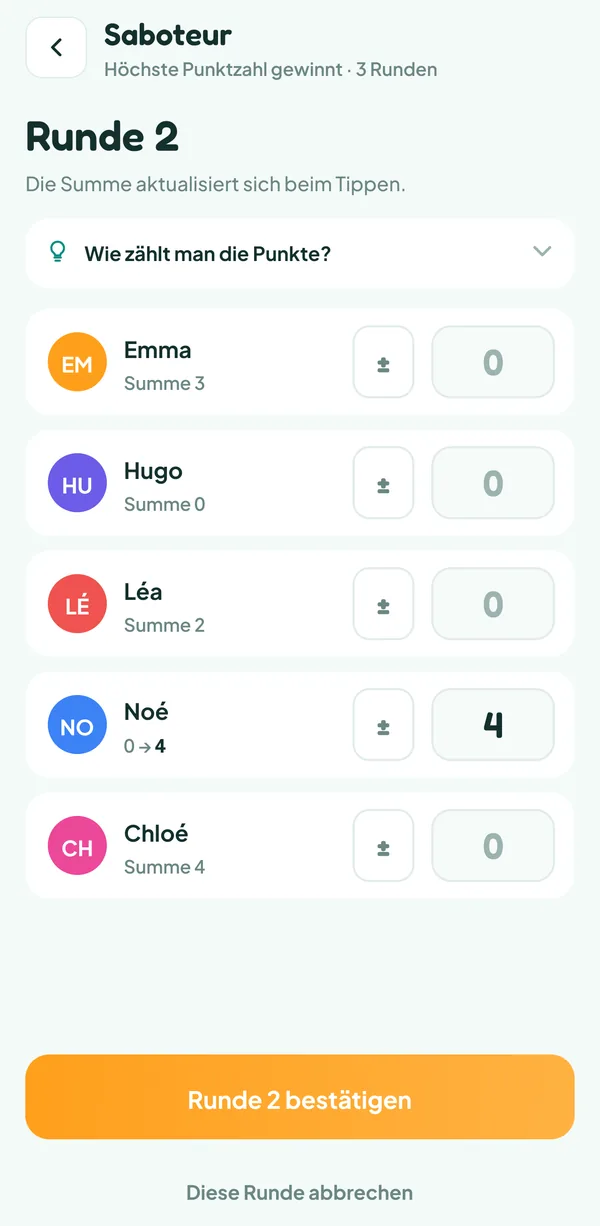 Teamzy-Bildschirm: Eingabe der Runde 2 von Saboteur, 4 Nuggets für Noé, den einzigen Saboteur, und nichts für die anderen vier