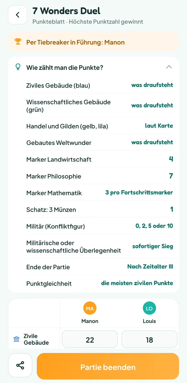 Teamzy-Bildschirm: die Hilfe „Wie zählt man die Punkte?“ von 7 Wonders Duel, mit den Punkten jeder Kategorie und dem Sofortsieg
