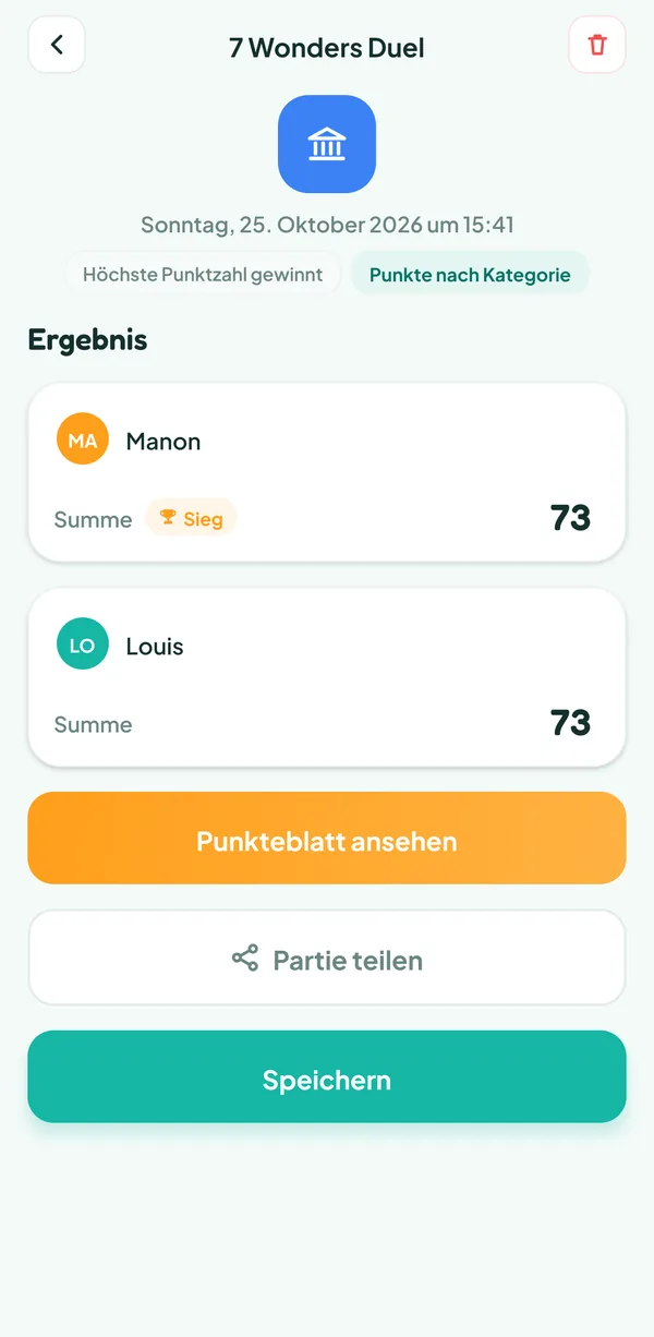 Teamzy-Bildschirm: das Ergebnis der Partie 7 Wonders Duel, Manon gewinnt per Tiebreaker, gleichauf mit Louis bei 73 Punkten