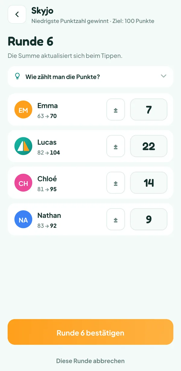 Bildschirm von Teamzy: Eingabe der Runde 6 von Skyjo, Lucas hat sie mit 11 Punkten beendet, verdoppelt auf 22, und kommt auf 104
