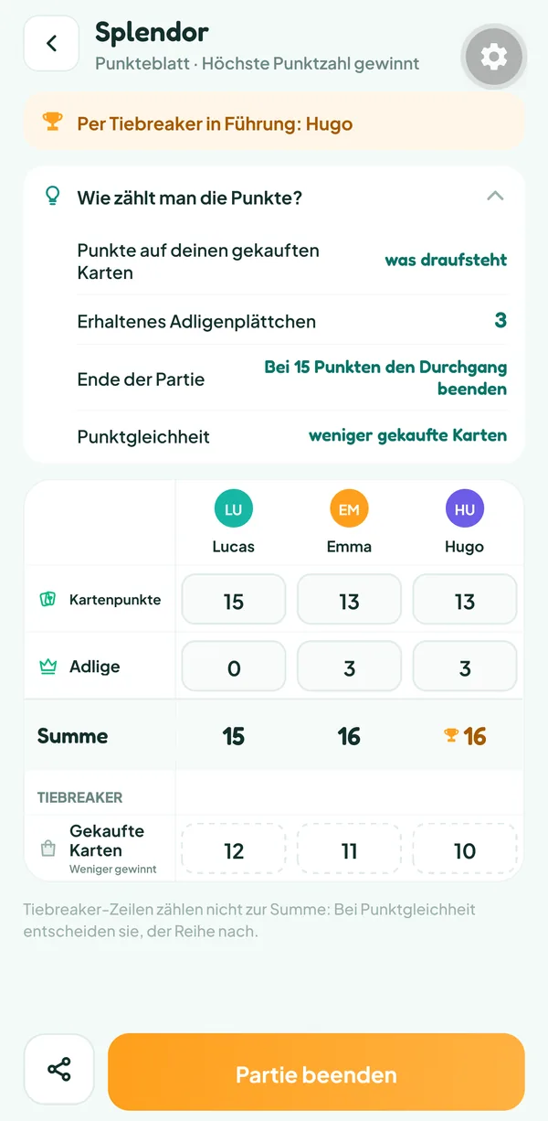 Bildschirm von Teamzy: die Hilfe "Wie zählt man die Punkte?" von Splendor, mit den Kartenpunkten, dem Wert eines Adligen, dem Ende bei 15 Punkten und dem Gleichstand