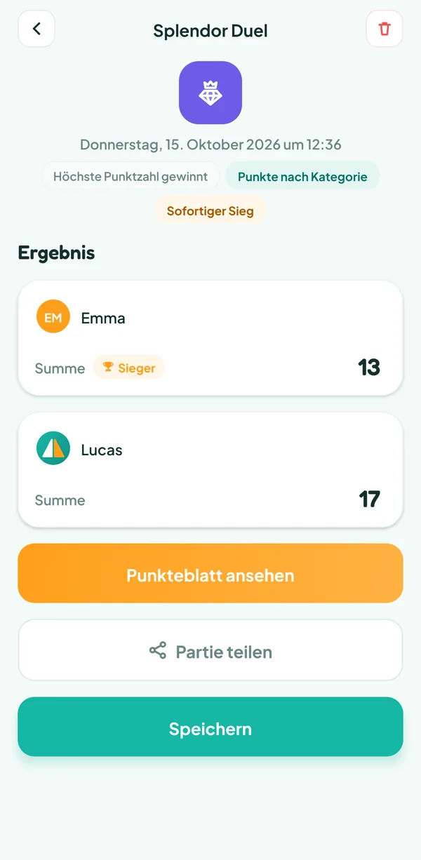 Bildschirm von Teamzy: die Partie Splendor Duel im Verlauf, gewonnen von Emma mit sofortigem Sieg