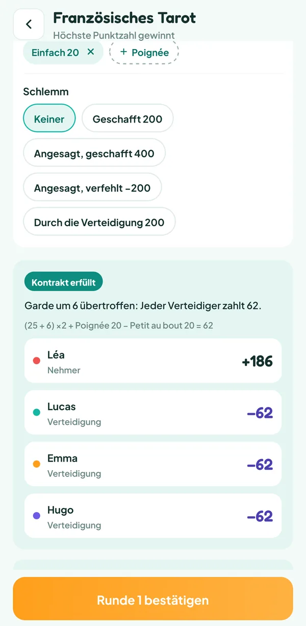 Teamzy-Bildschirm: Léas Garde um 6 übertroffen, +186 für sie und −62 für jeden Verteidiger