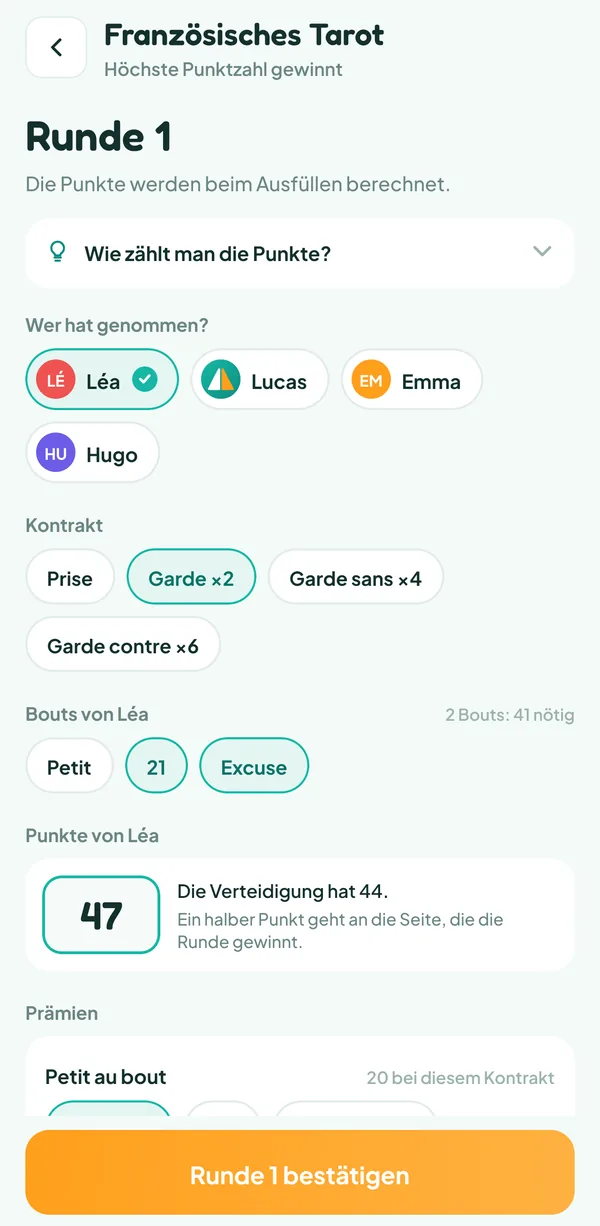 Teamzy-Bildschirm: Eingabe einer Runde französisches Tarot mit Nehmer, Kontrakt, Bouts und Punkten
