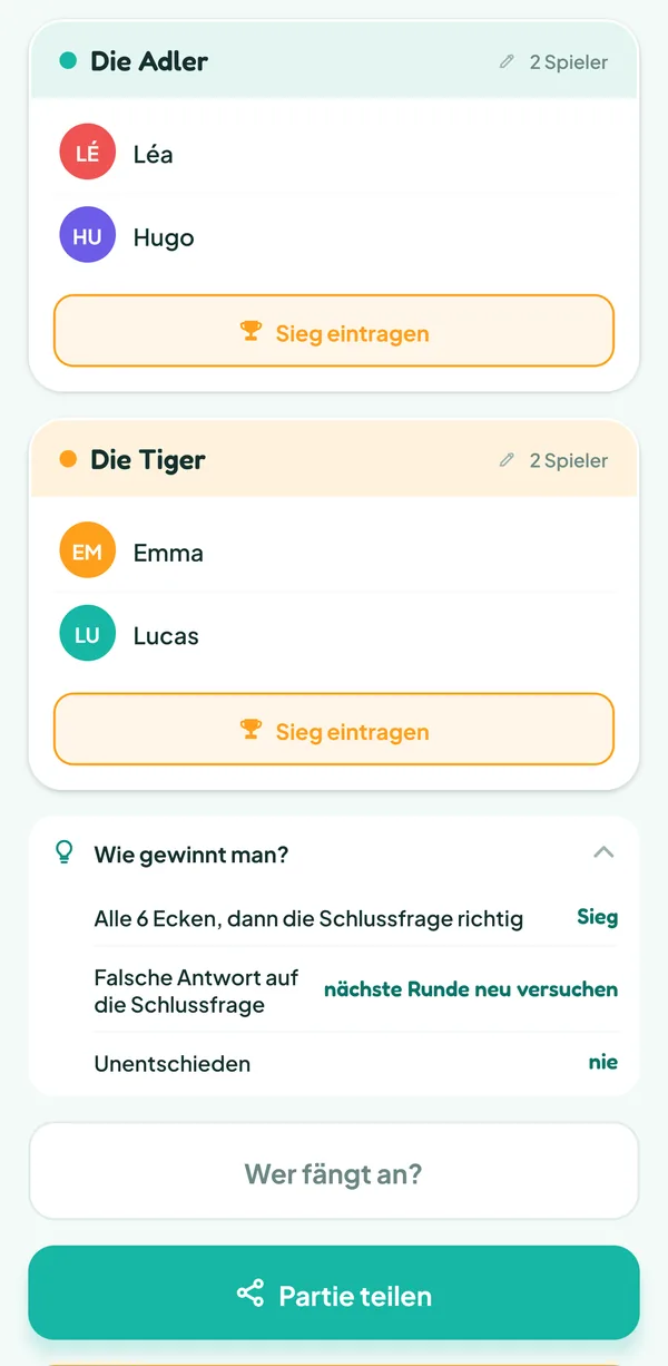 Teamzy-Bildschirm: die Hilfe "Wie gewinnt man?" von Trivial Pursuit: "Alle 6 Ecken, dann die Schlussfrage richtig", Sieg; "Falsche Antwort auf die Schlussfrage", nächste Runde neu versuchen; "Unentschieden", nie