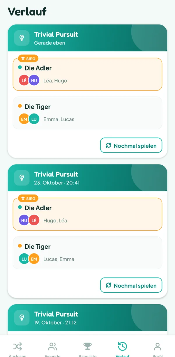Teamzy-Bildschirm: die Trivial-Pursuit-Partie im Verlauf, gewonnen von den Adlern