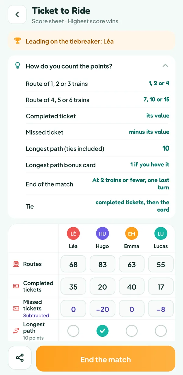 Teamzy screen: the "How do you count the points?" help of Ticket to Ride, with the value of the routes, the tickets and the longest path