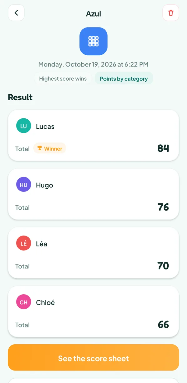 Teamzy screen: the match of Azul in the history, won by Lucas