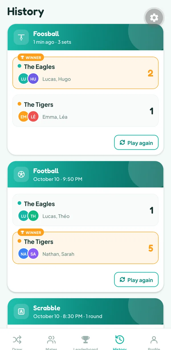 Teamzy screen: the foosball match in the history, The Eagles (Lucas, Hugo) win 2 sets to 1 against The Tigers (Emma, Léa)