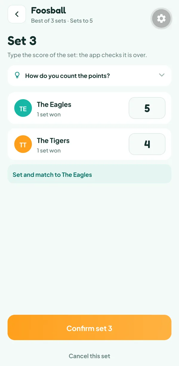 Teamzy screen: entering set 3 of a foosball match, The Eagles 5 and The Tigers 4, set and match to The Eagles