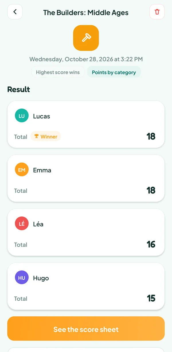 Teamzy screen: the game of The Builders: Middle Ages in the history, Lucas the winner, then Emma, Léa and Hugo