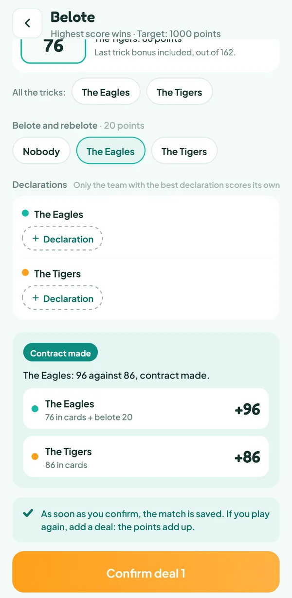 Teamzy screen: contract made for the Eagles thanks to the belote, 96 points against 86
