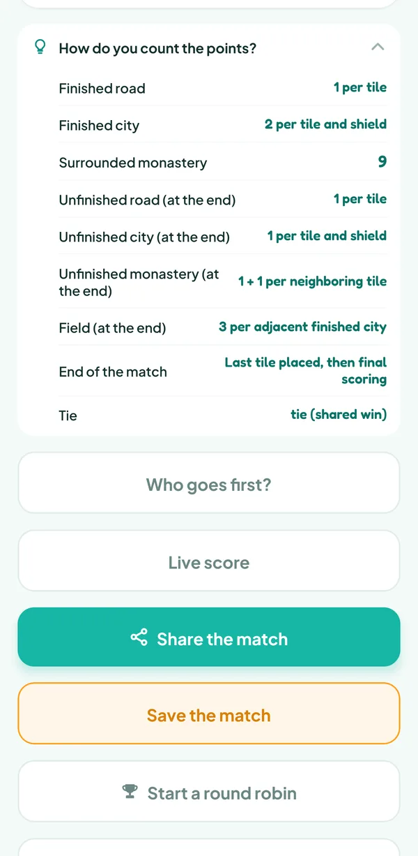 Teamzy screen: the "How do you count the points?" help of Carcassonne, with the value of roads, cities and monasteries, finished or unfinished, and fields