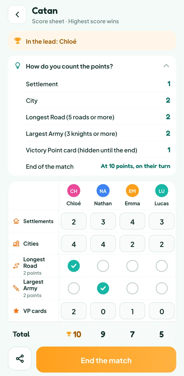 Teamzy screen: the "How do you count the points?" help of Catan, with the value of settlements, cities, the two special cards and Victory Point cards