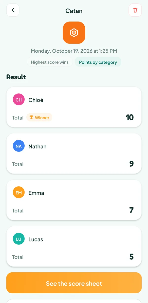 Teamzy screen: the Catan match in the history, won by Chloé with 10 points