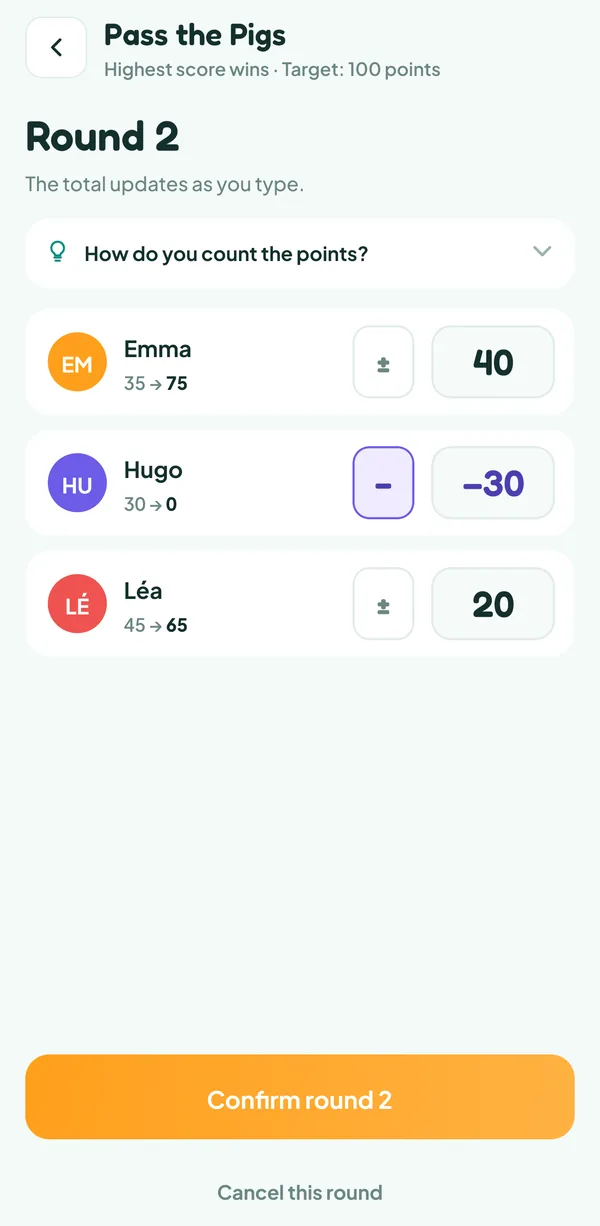 Teamzy screen: entering round 2 of Pass the Pigs, Hugo's Makin' Bacon written as −30 with the ± button, his total falls from 30 back to 0