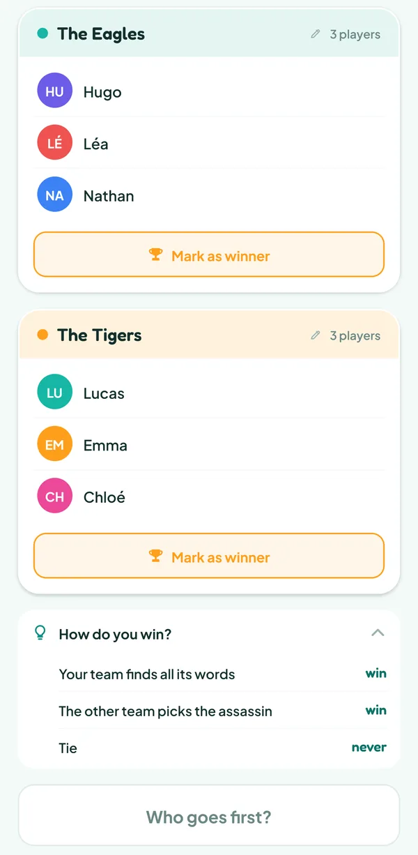 Teamzy screen: the "How do you win?" help of Codenames: your team finds all its words or the other team picks the assassin, a win either way, never a tie