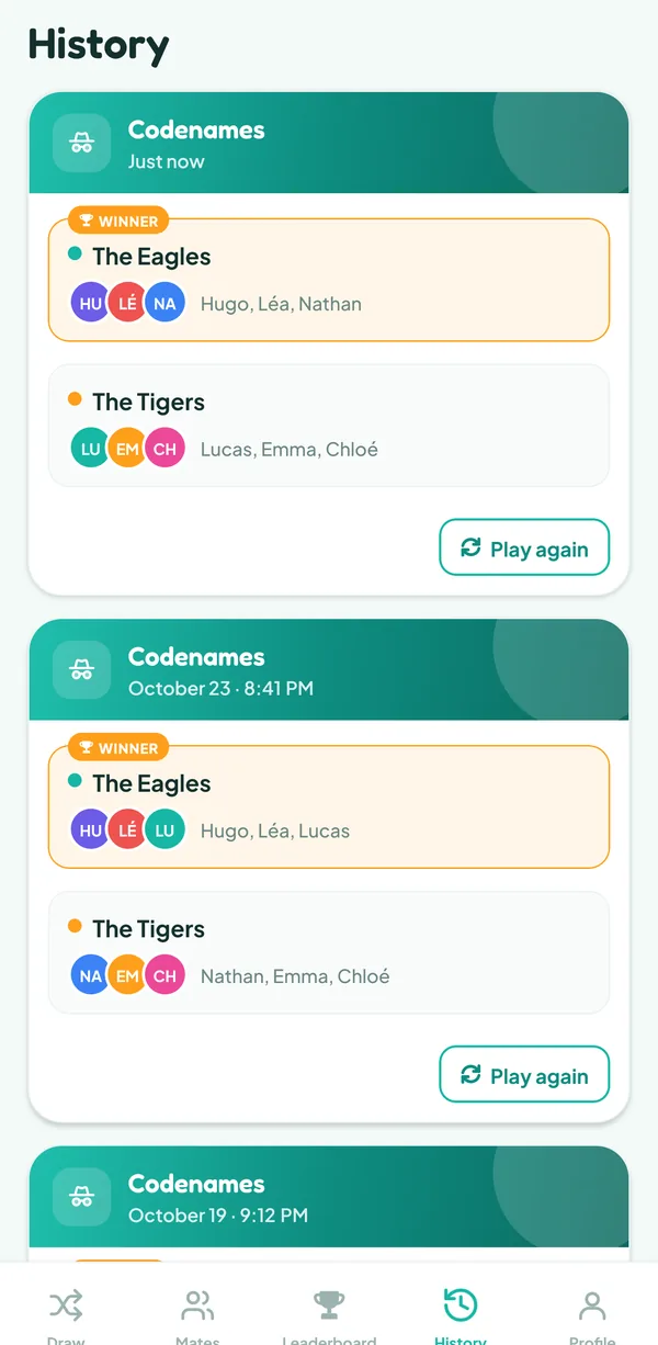 Teamzy screen: the Codenames match in the history, won by the Eagles