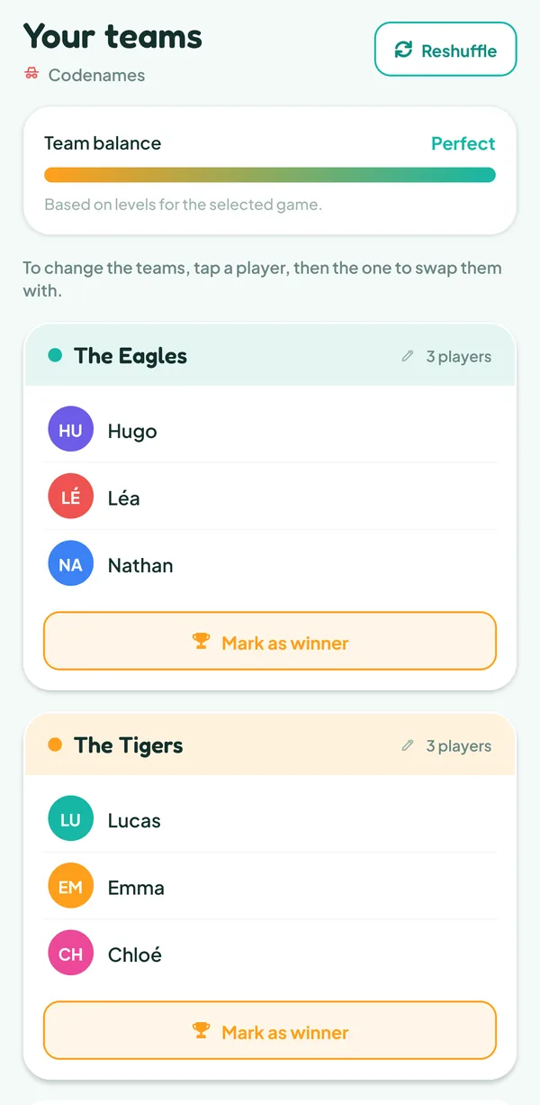 Teamzy screen: the Codenames draw, two teams of three balanced by level, the Eagles (Hugo, Léa, Nathan) against the Tigers (Lucas, Emma, Chloé)