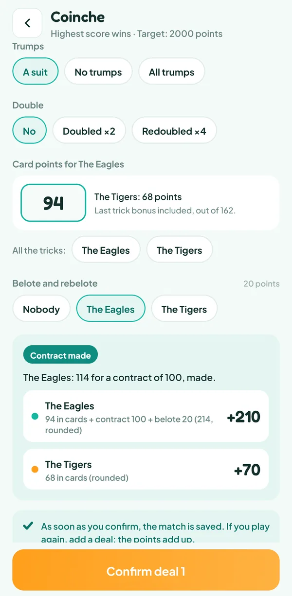 Teamzy screen: contract of 100 made by the Eagles thanks to the belote, 210 points to 70 after rounding