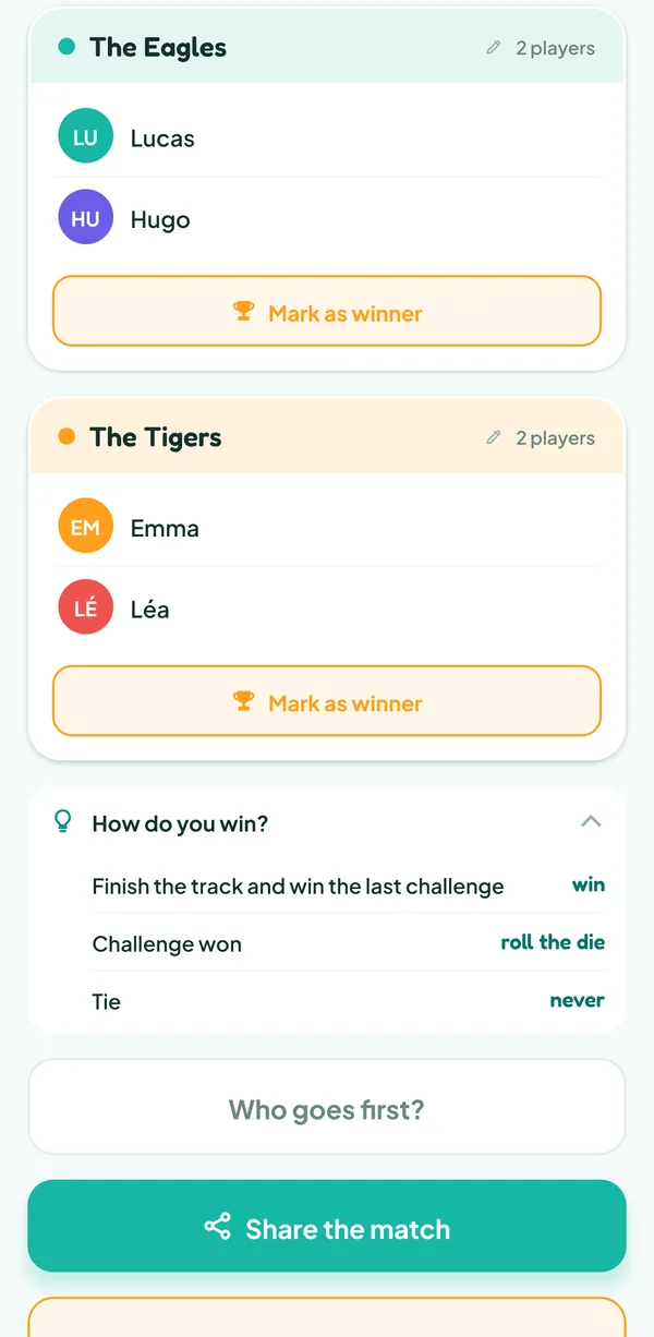Teamzy screen: the "How do you win?" help of Cranium: "Finish the track and win the last challenge", win; "Challenge won", roll the die; "Tie", never
