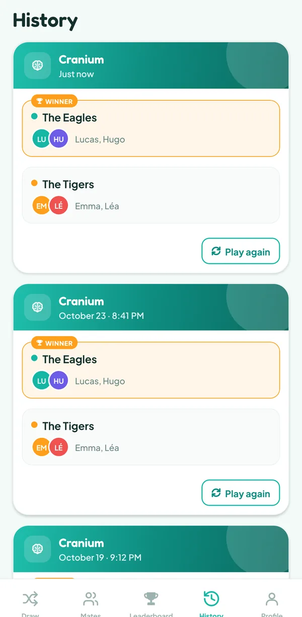 Teamzy screen: the Cranium match in the history, won by the Eagles