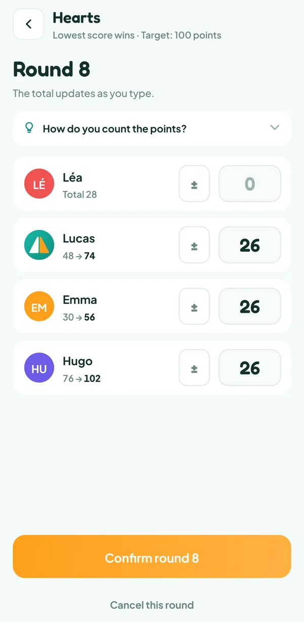 Teamzy screen: entering round 8 of Hearts, Léa shot the moon and the three others take 26 points